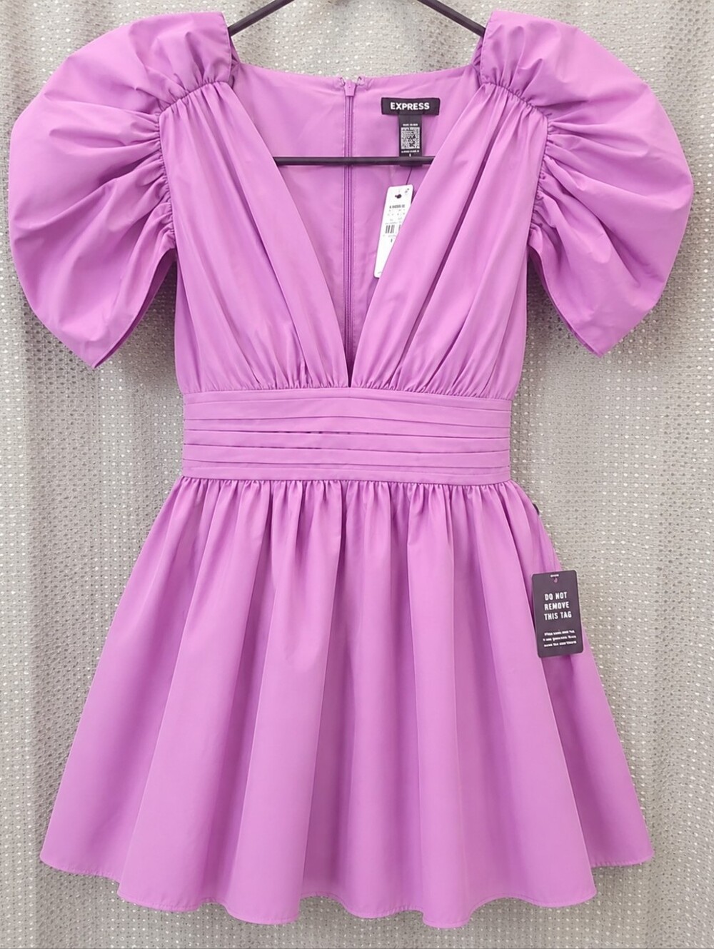 Express Lavender Puff Sleeve Dress Size 8 NWT | Soft Purple Zip Back Midi - Picture 5 of 6